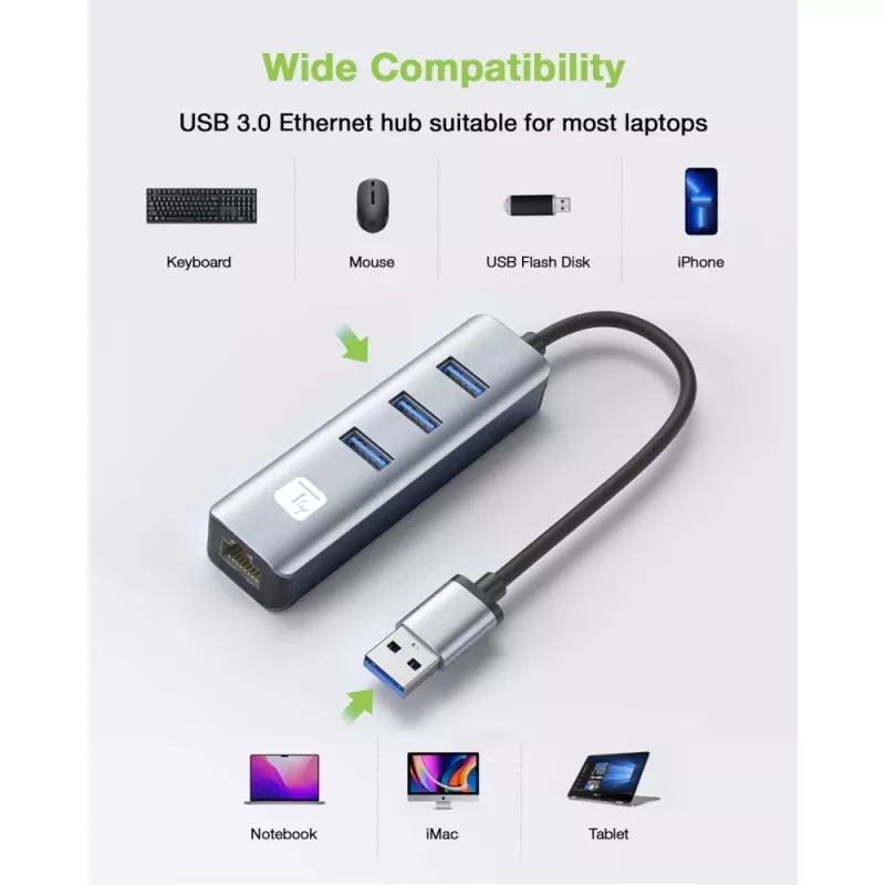 Techly IDATA USB-ETGIGA3AA sülearvuti dokkimisjaam/portide paljundaja Juhtmega USB 3.2 Gen 1 (3.1 Gen 1) Type-A Must, Hõbedane