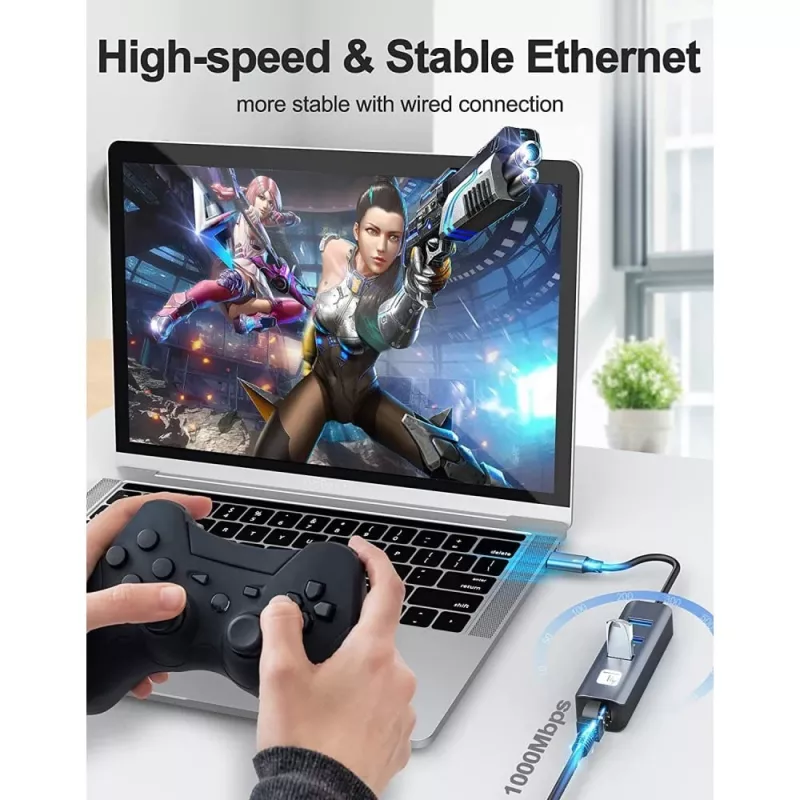 Techly IDATA USB-ETGIGA3CA sülearvuti dokkimisjaam/pordireplikaator Juhtmega USB 3.2 Gen 1 (3.1 Gen 1) Type-A + USB-C Must, Hõbedane