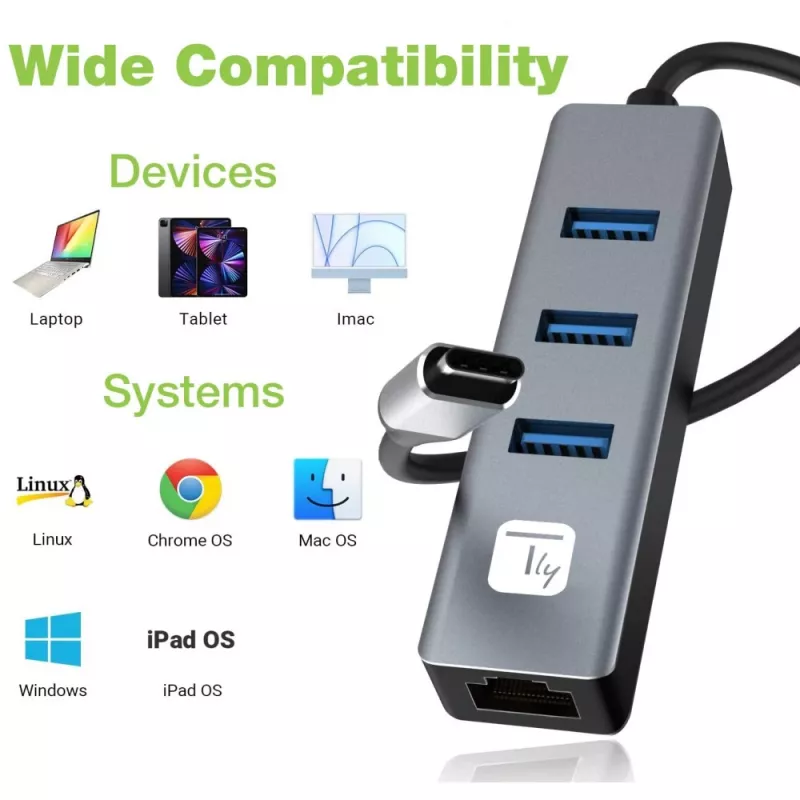 Techly IDATA USB-ETGIGA3CA sülearvuti dokkimisjaam/pordireplikaator Juhtmega USB 3.2 Gen 1 (3.1 Gen 1) Type-A + USB-C Must, Hõbedane
