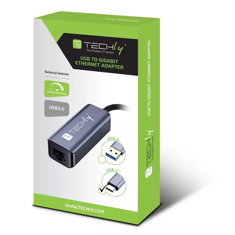 Techly IDATA USB-ETGIGA-CA sülearvuti dokk/pordireplikaator Juhtmega ühendatud USB 3.2 Gen 1 (3.1 Gen 1) USB-C Must, Hõbedane