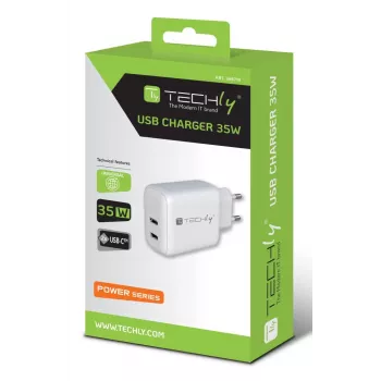 Techly IPW-USB-2C35W mobiilseadmete laadija Sülearvuti, Nutitelefon, Tahvelarvuti Valge Vahelduvvool Kiirlaadimine Toatingimustes