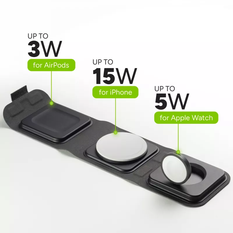 mophie 3-in-1 reisilaadija koos MagSafe'iga (2023), Sisetingimustesse, USB, Juhtmevaba laadimine, Must