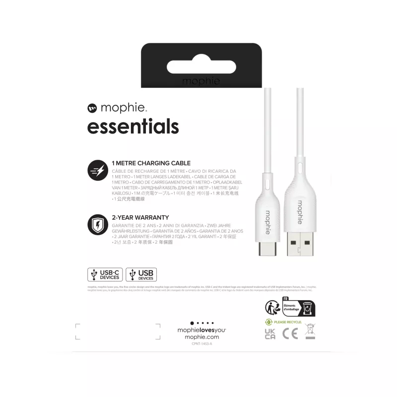 mophie essentials laadimiskaablid | 1M USB-kaabel USB 2.0 USB A USB C Valge