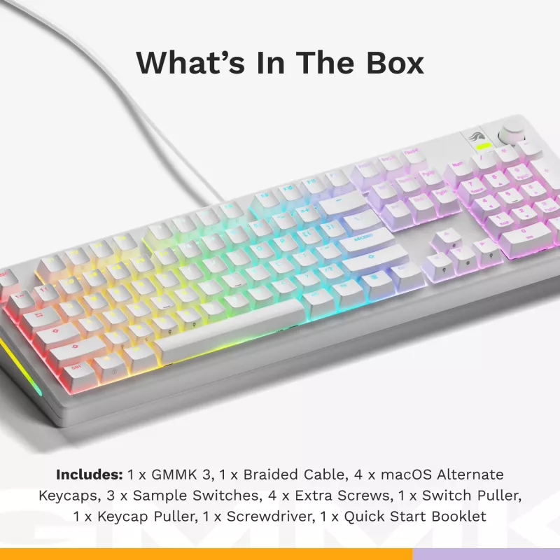 Glorious Gaming GMMK 3 100% täissuuruses eelehitatud juhtmega valge - US, juhtmega, USB, mehaaniline, QWERTY, RGB LED, valge
