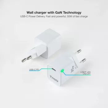 TooQ GAN USB-C/PD seinilaadur 30W, valge, siseruumides, vahelduvvool, valge
