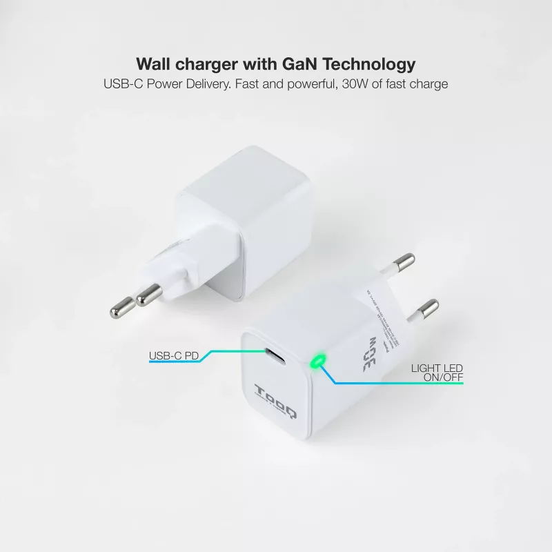 TooQ GAN USB-C/PD seinilaadur 30W, valge, siseruumides, vahelduvvool, valge