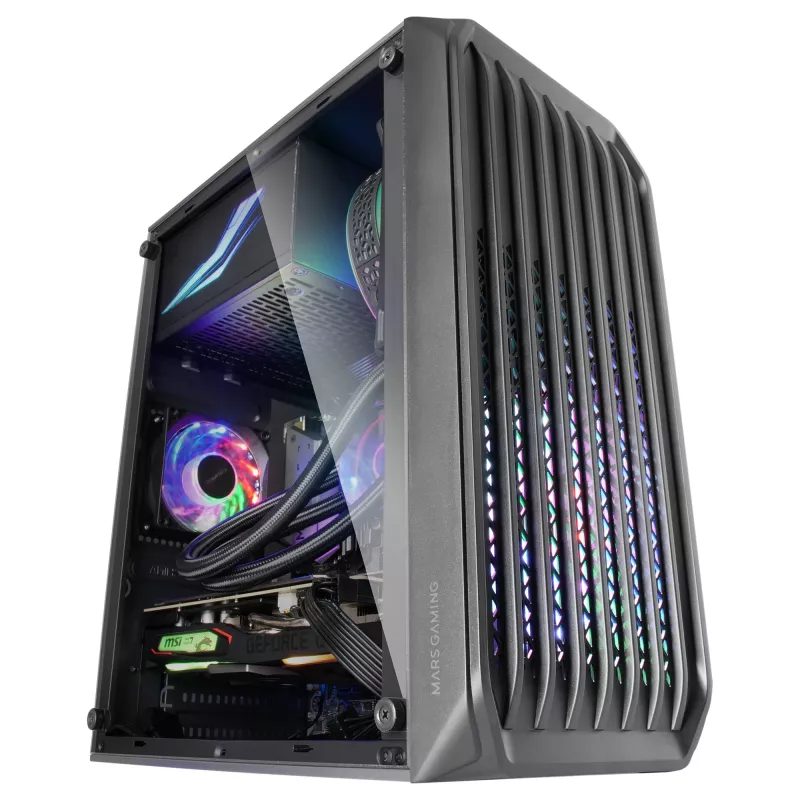 Mars Gaming MC-S2 Must Kompaktne Micro-ATX Mänguarvuti Korpus 2 FRGB Vikerkaareventilaatorit Eesvõrega Täispikkuses Külgaknaga