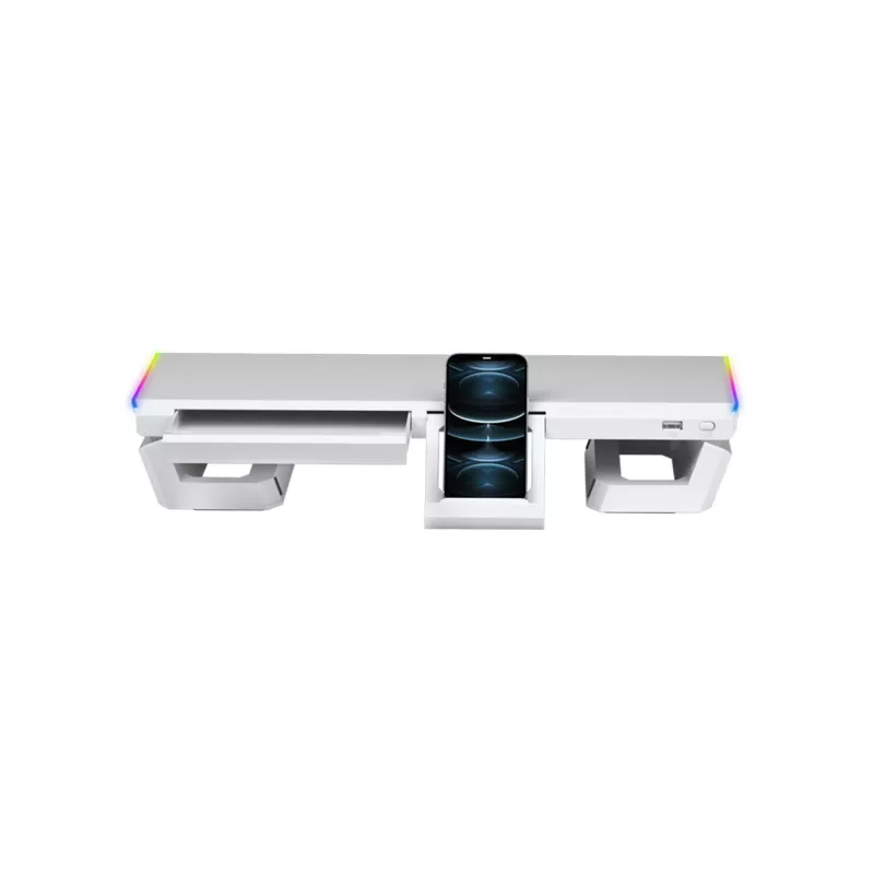 Mars Gaming MGS-ONE valge Chroma RGB monitorialus reguleeritava suurusega nutitelefoni ja tahvelarvuti alus eesmine USB 2.0