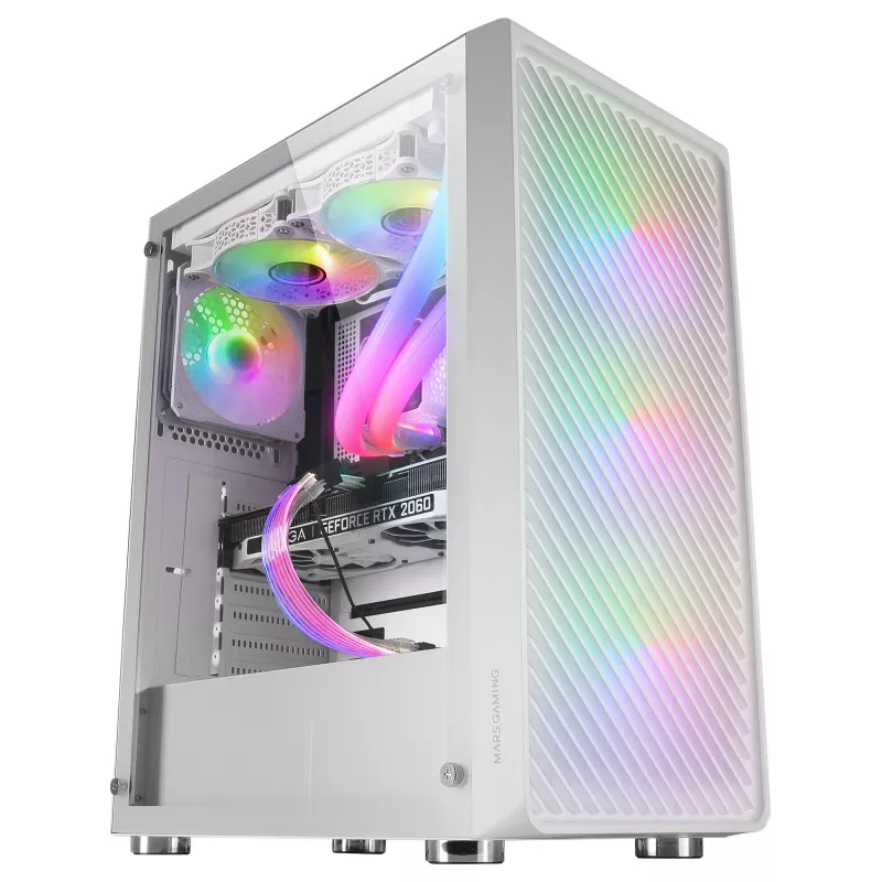Mars Gaming MC-F Valge, ATX mängimise pooltorn, täis karastatud klaasist aken, metallvõrk-esi, 4x 120mm ARGB ventilaatorid
