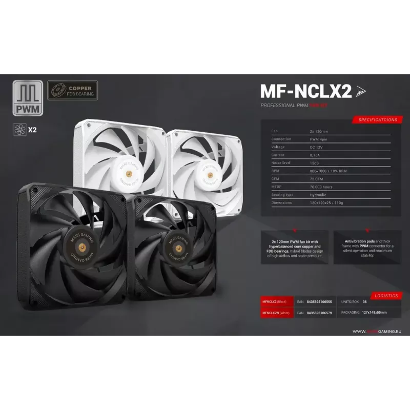 Mars Gaming MF-NCLX2W arvutikorpuse ventilaator 12 cm valge 2 tk