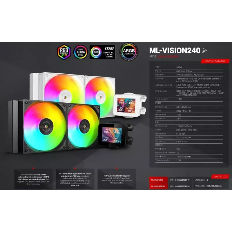 Mars Gaming ML-VISION240W AIO vedelikjahutusega protsessorijahuti, 240 mm, RGB, valge
