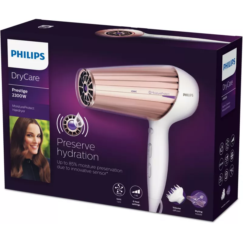 Föön Philips MoistureProtect Sensor HP8280/00 — 2300 W, alalisvoolumootor, 6 kiirust, ioonfunktsioon, jahutusõhk, lilla/valge
