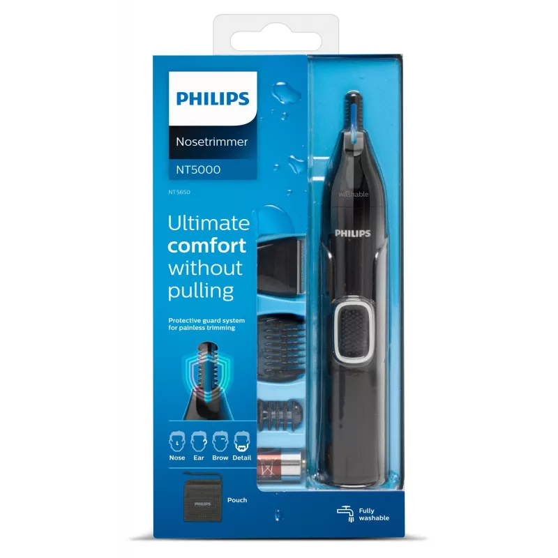 Ninatrimmer Philips 5000 NT5650/16 — patareitoitega, AA, veekindel, roostevabast terasest terad, 3 kammi, reisikott