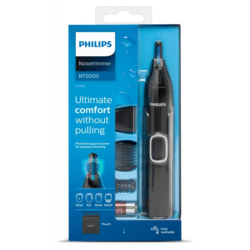 Ninatrimmer Philips 5000 NT5650/16 — patareitoitega, AA, veekindel, roostevabast terasest terad, 3 kammi, reisikott