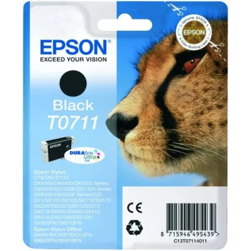 Epson Cheetah üksikpakend must T0711 DURABrite Ultra tint, must, pigmendipõhine tint, 1 tk