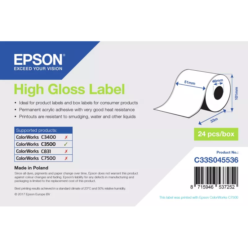 Epson High Gloss Label - pidevrull: 51 mm x 33 m