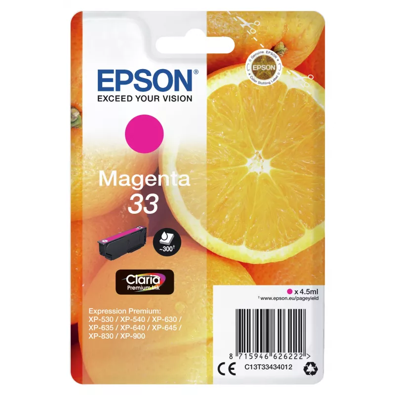 Epsoni üksikpakendis magenta 33 Claria Premium tint, magenta, Pigmenttint, 4,5 ml, 1 tk, 300 lehekülge