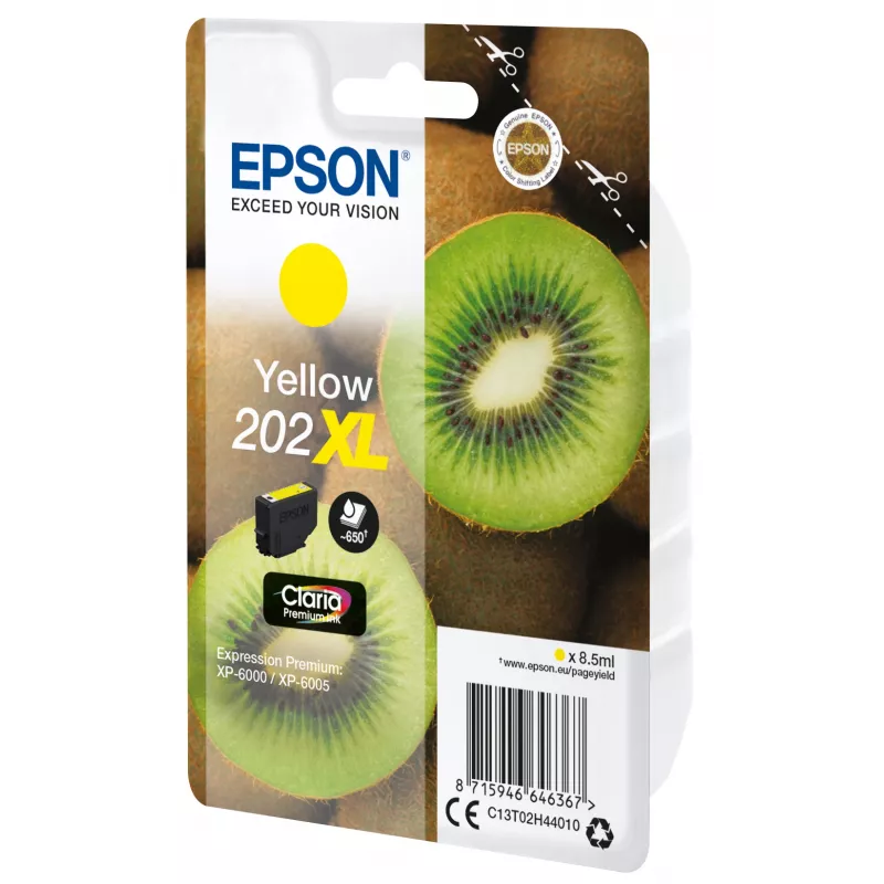 Epson Kiwi üksikpakend kollane 202XL Claria Premium tint, suure (XL) täitega, kollane, pigmendipõhine tint, 8,5 ml, 1 tk, 650 lehekülge