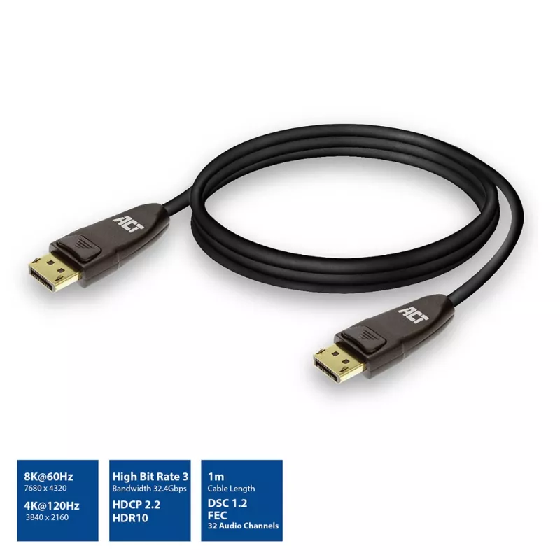 ACT DisplayPort 1.4 kaabel 8K, 1m, 1 m, DisplayPort, DisplayPort, mees, mees, must
