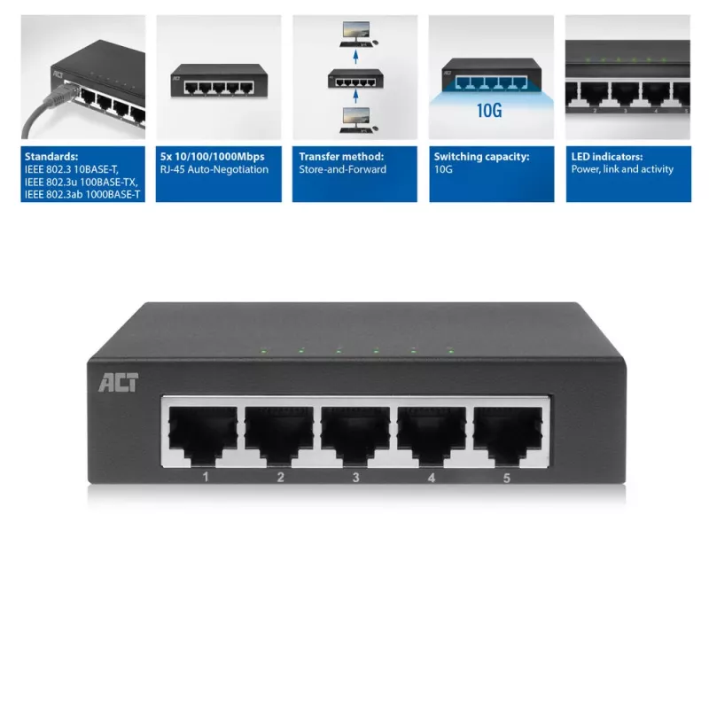 Mittejuhitav kommutaator ACT AC4415 Gigabit Ethernet 5 porti 10 Gbit/s