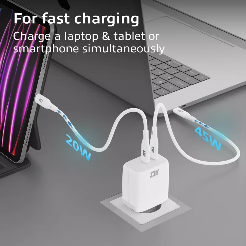 ACT USB-C laadija 65W 2 pordiga, Power Delivery PPS ja GaNFast