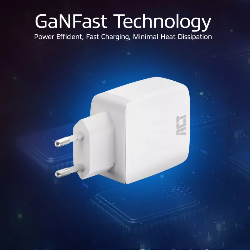 ACT USB-C laadija 65W 2 pordiga, Power Delivery PPS ja GaNFast