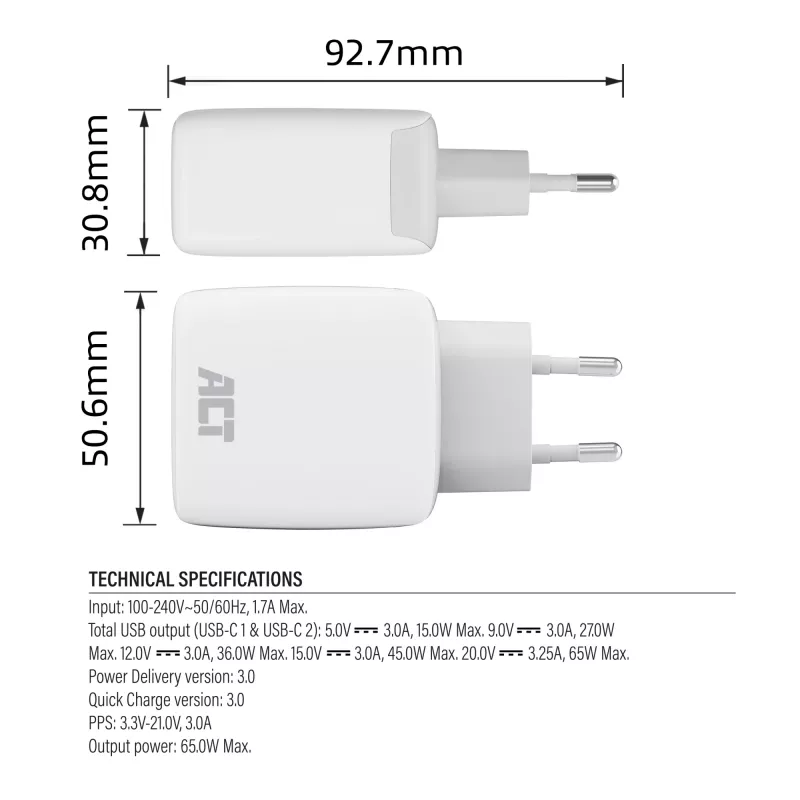 ACT USB-C laadija 65W 2 pordiga, Power Delivery PPS ja GaNFast
