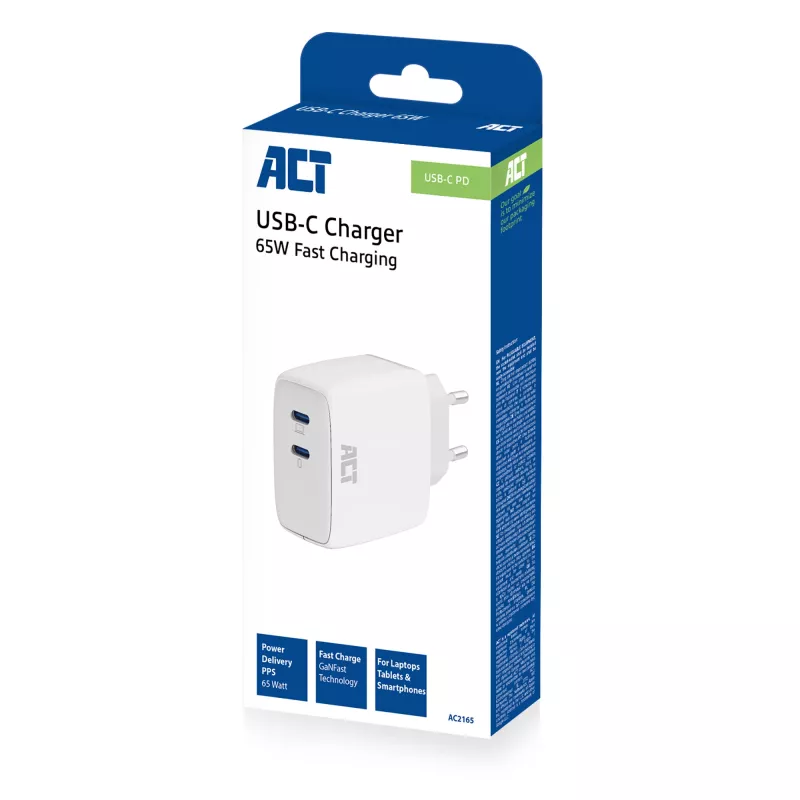 ACT USB-C laadija 65W 2 pordiga, Power Delivery PPS ja GaNFast