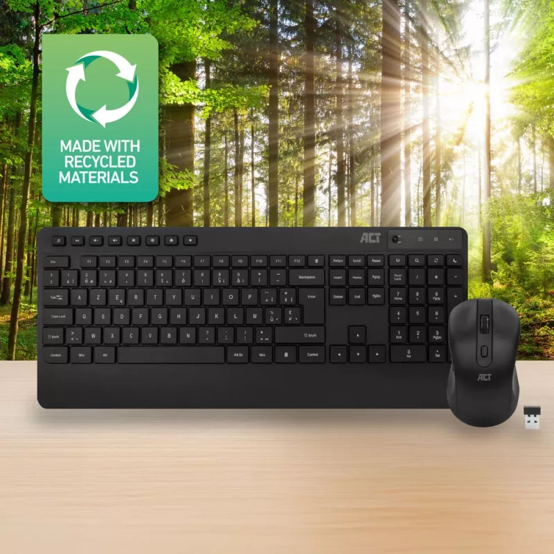 ACT juhtmevaba klaviatuuri ja hiire komplekt (Azerty), vaikne klõps, keskkonnasõbralik, valmistatud taaskasutatud materjalidest