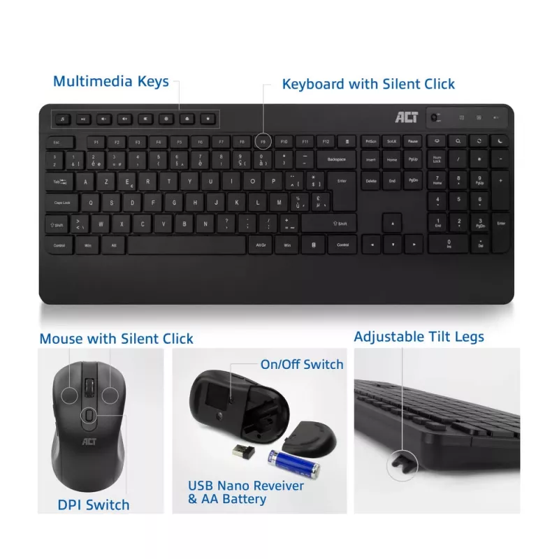 ACT juhtmevaba klaviatuuri ja hiire komplekt (Azerty), vaikne klõps, keskkonnasõbralik, valmistatud taaskasutatud materjalidest