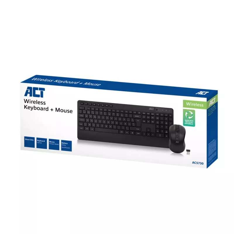 ACT juhtmevaba klaviatuuri ja hiire komplekt (Azerty), vaikne klõps, keskkonnasõbralik, valmistatud taaskasutatud materjalidest