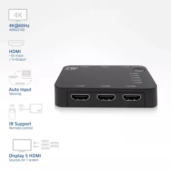 ACT 4K HDMI-lüliti 5 sisse, 1 välja, HDMI, Must, 2160p, 18 Gbit/s, 4096 x 2160 pikslit, 4K Ultra HD