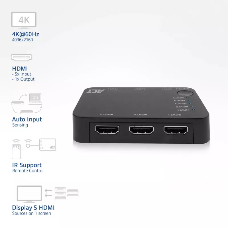 ACT 4K HDMI-lüliti 5 sisse, 1 välja, HDMI, Must, 2160p, 18 Gbit/s, 4096 x 2160 pikslit, 4K Ultra HD