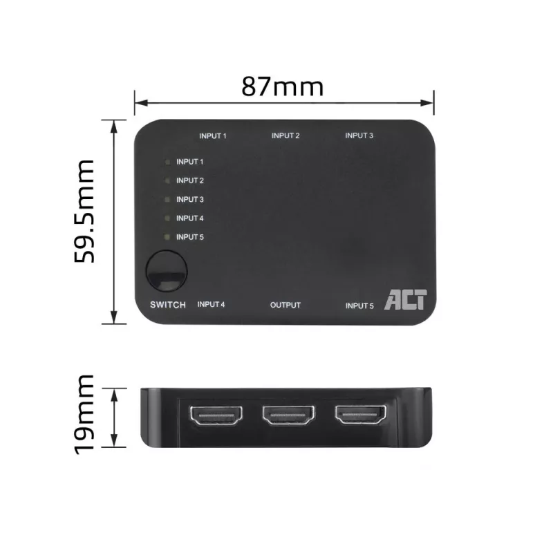 ACT 4K HDMI-lüliti 5 sisse, 1 välja, HDMI, Must, 2160p, 18 Gbit/s, 4096 x 2160 pikslit, 4K Ultra HD