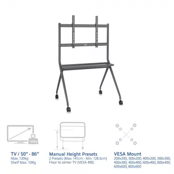 ACT mobiilne TV/monitori põrandastatiiv, 50–86 inch, VESA, 127 cm (50 tolli), 2,18 m (86 tolli), 200 x 200 mm, 800 x 600 mm, alumiinium, plast, teras, hall