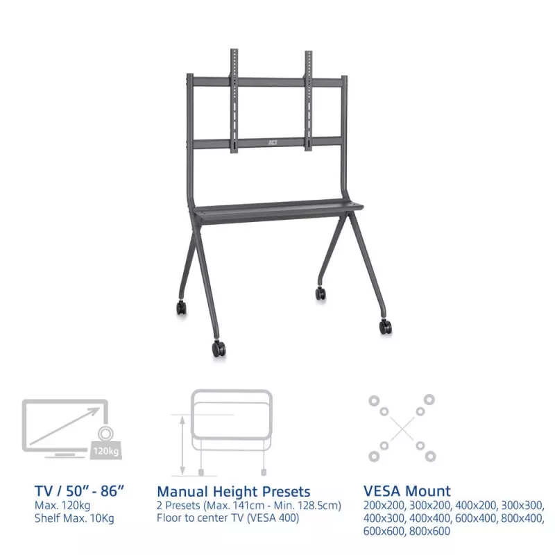 ACT mobiilne TV/monitori põrandastatiiv, 50–86 inch, VESA, 127 cm (50 tolli), 2,18 m (86 tolli), 200 x 200 mm, 800 x 600 mm, alumiinium, plast, teras, hall