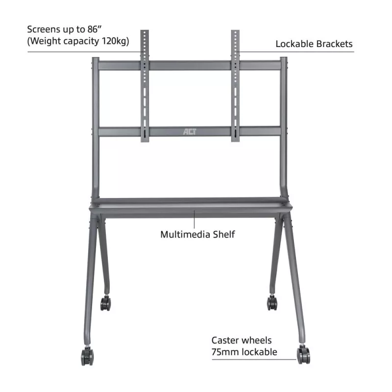 ACT mobiilne TV/monitori põrandastatiiv, 50–86 inch, VESA, 127 cm (50 tolli), 2,18 m (86 tolli), 200 x 200 mm, 800 x 600 mm, alumiinium, plast, teras, hall