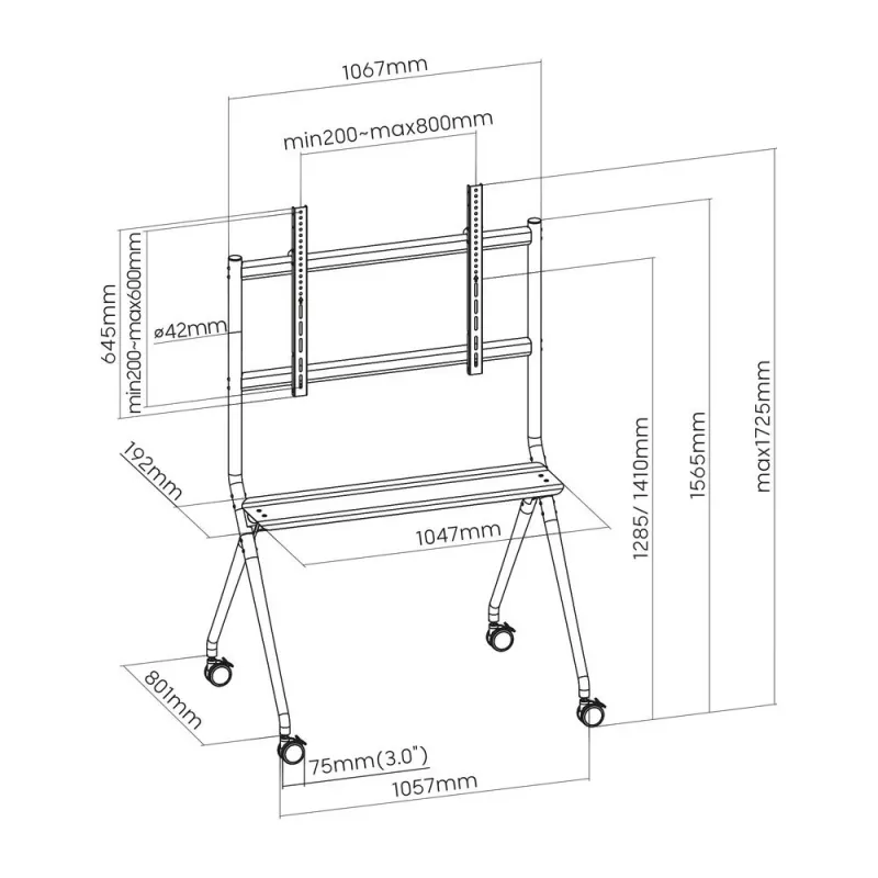 ACT mobiilne TV/monitori põrandastatiiv, 50–86 inch, VESA, 127 cm (50 tolli), 2,18 m (86 tolli), 200 x 200 mm, 800 x 600 mm, alumiinium, plast, teras, hall