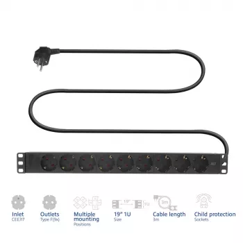 ACT pikendusjuhe PDU 19 inch CEE7/7 9 F-tüüpi pistikupesaga, 3 m H05VV-F 3G1,5