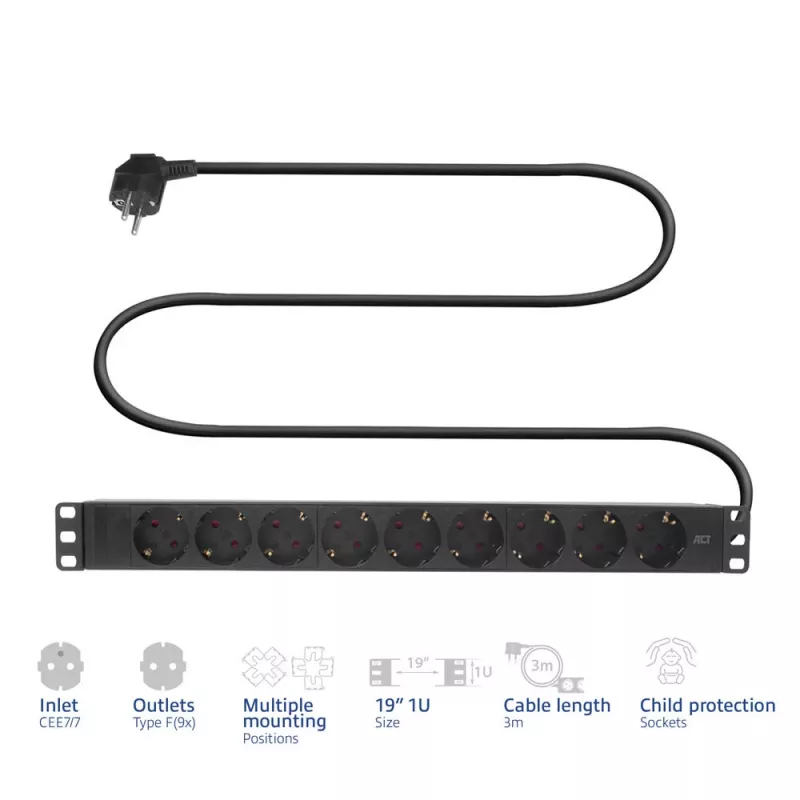 ACT pikendusjuhe PDU 19 inch CEE7/7 9 F-tüüpi pistikupesaga, 3 m H05VV-F 3G1,5