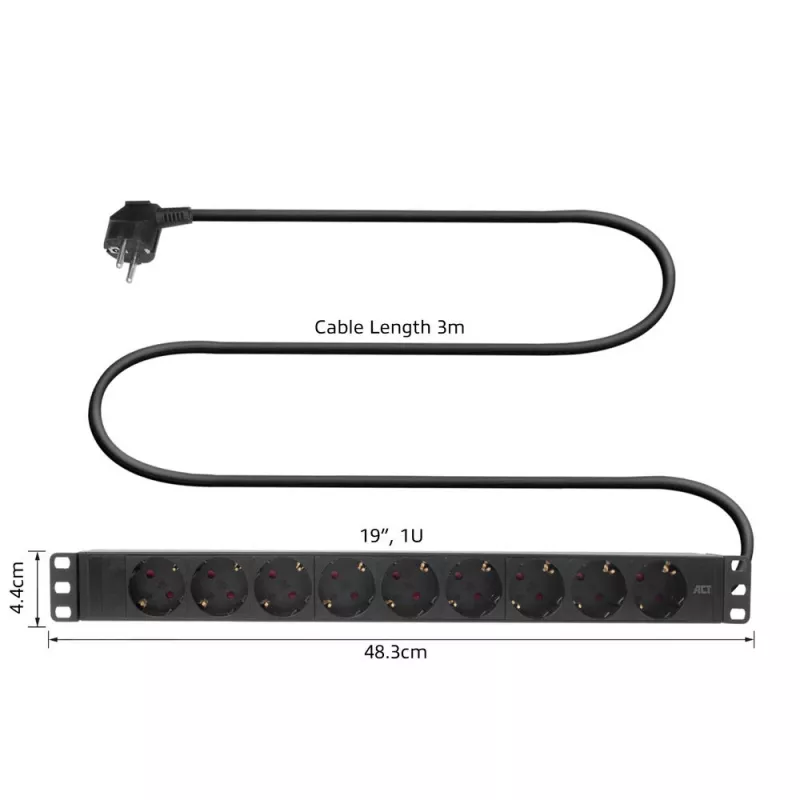 ACT pikendusjuhe PDU 19 inch CEE7/7 9 F-tüüpi pistikupesaga, 3 m H05VV-F 3G1,5