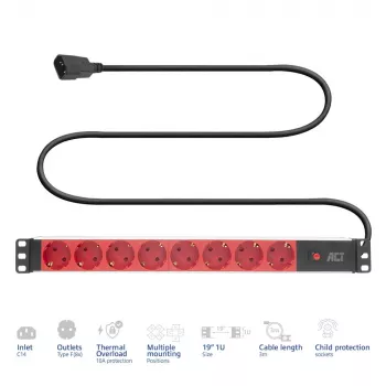 Toitejaotusseade ACT PD3004 19-tolline C14 IEC60320 8 F-tüüpi pistikupesaga, 3 m H05VV-F 3G1.0, 230 V 10 A