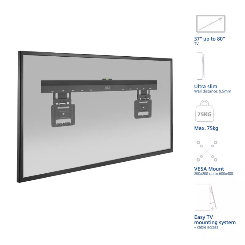 ACT fikseeritud TV seinakinnitus AC8356 37–80-tollistele teleritele, üliõhuke, VESA 200x200–600x400, 75 kg kandevõime, 9,5 mm seinakaugus, must