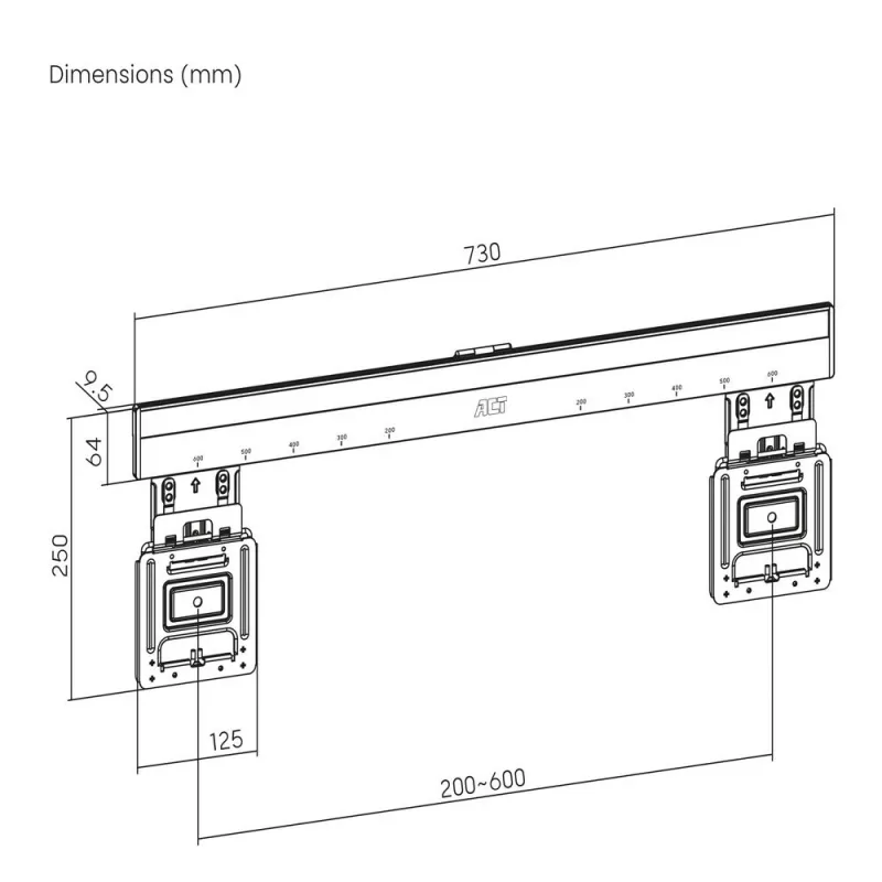 ACT fikseeritud TV seinakinnitus AC8356 37–80-tollistele teleritele, üliõhuke, VESA 200x200–600x400, 75 kg kandevõime, 9,5 mm seinakaugus, must