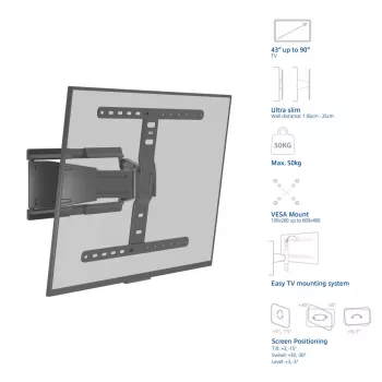Täisliigutusega teleri seinakinnitus ACT AC8357 43–90-tollistele ekraanidele, VESA 100x200–600x400, kalle -15°–3°, pööre ±30°, max koormus 50 kg, üliõhuke