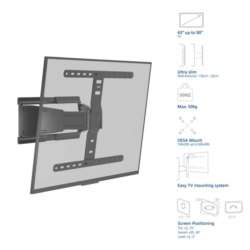 Täisliigutusega teleri seinakinnitus ACT AC8357 43–90-tollistele ekraanidele, VESA 100x200–600x400, kalle -15°–3°, pööre ±30°, max koormus 50 kg, üliõhuke