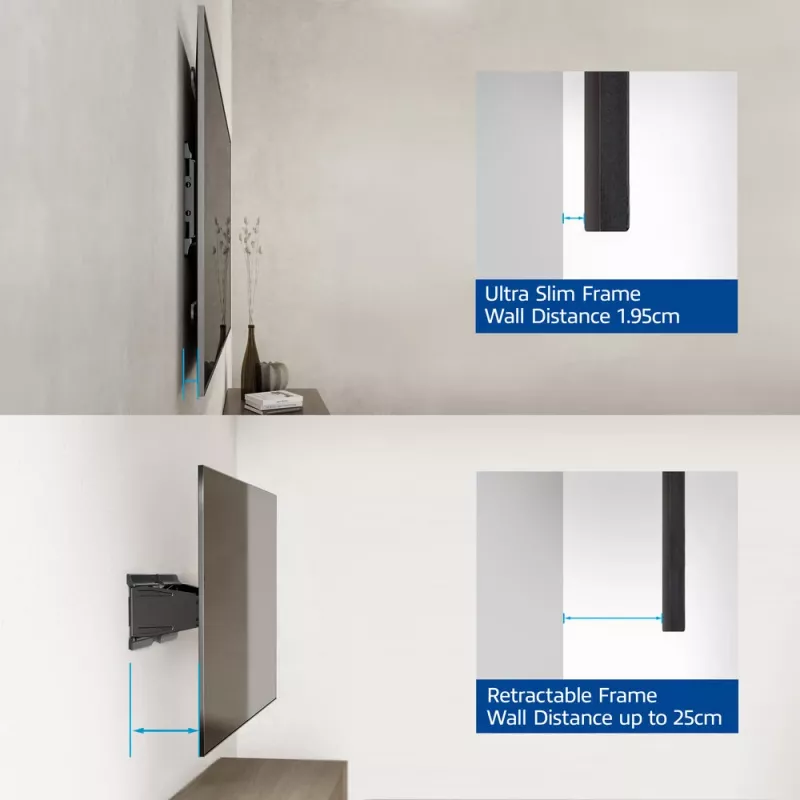 Täisliigutusega teleri seinakinnitus ACT AC8357 43–90-tollistele ekraanidele, VESA 100x200–600x400, kalle -15°–3°, pööre ±30°, max koormus 50 kg, üliõhuke