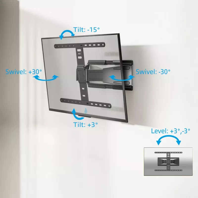Täisliigutusega teleri seinakinnitus ACT AC8357 43–90-tollistele ekraanidele, VESA 100x200–600x400, kalle -15°–3°, pööre ±30°, max koormus 50 kg, üliõhuke