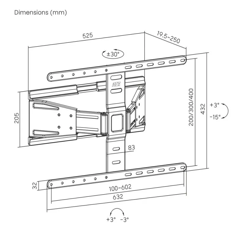 Täisliigutusega teleri seinakinnitus ACT AC8357 43–90-tollistele ekraanidele, VESA 100x200–600x400, kalle -15°–3°, pööre ±30°, max koormus 50 kg, üliõhuke