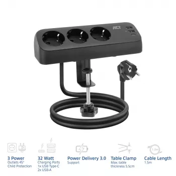 ACT laua pikendusjuhe, 3x pistikupesa tüüp F, 30 W Power Delivery, USB USB-C/A pordid, kaabli pikkus 1,5 m